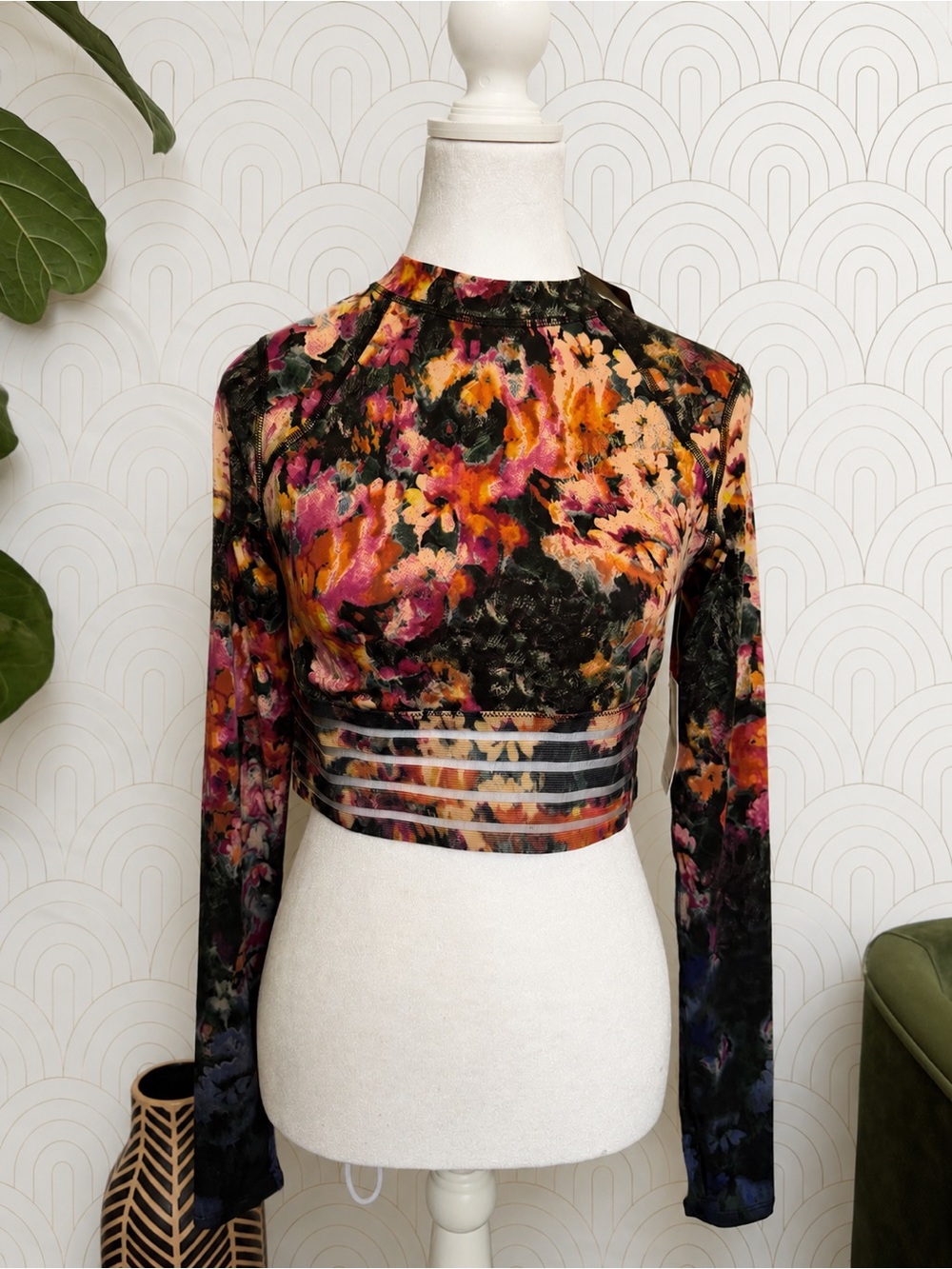 Free People Velvet Floral Long-Sleeve Crop Top in Black, Pink & Orange